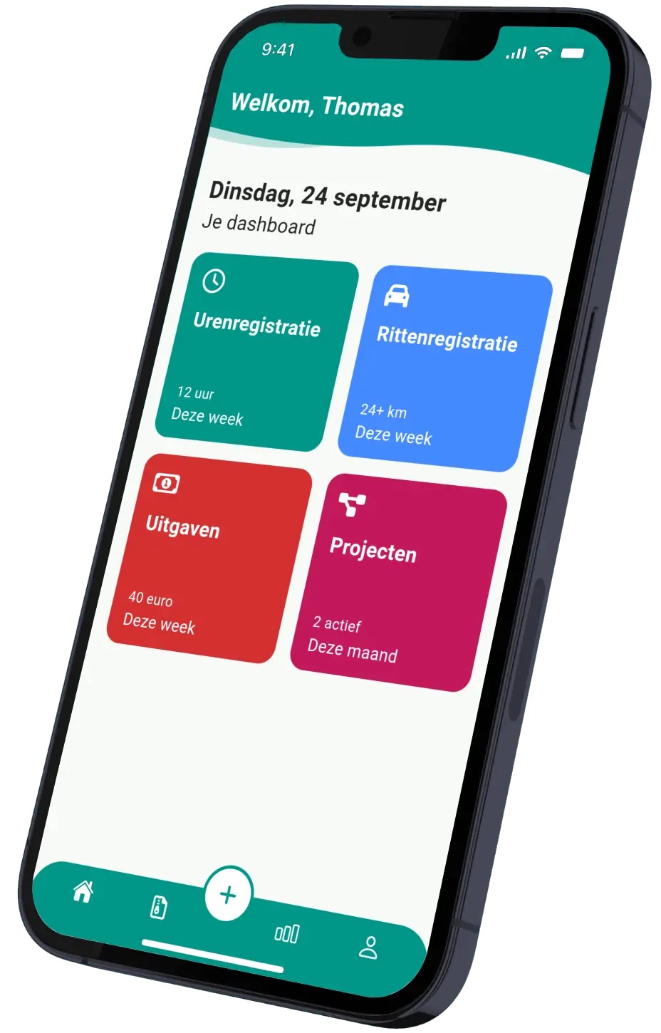 MijnRegistratie app mockup met uren-, ritten- en uitgavenoverzicht